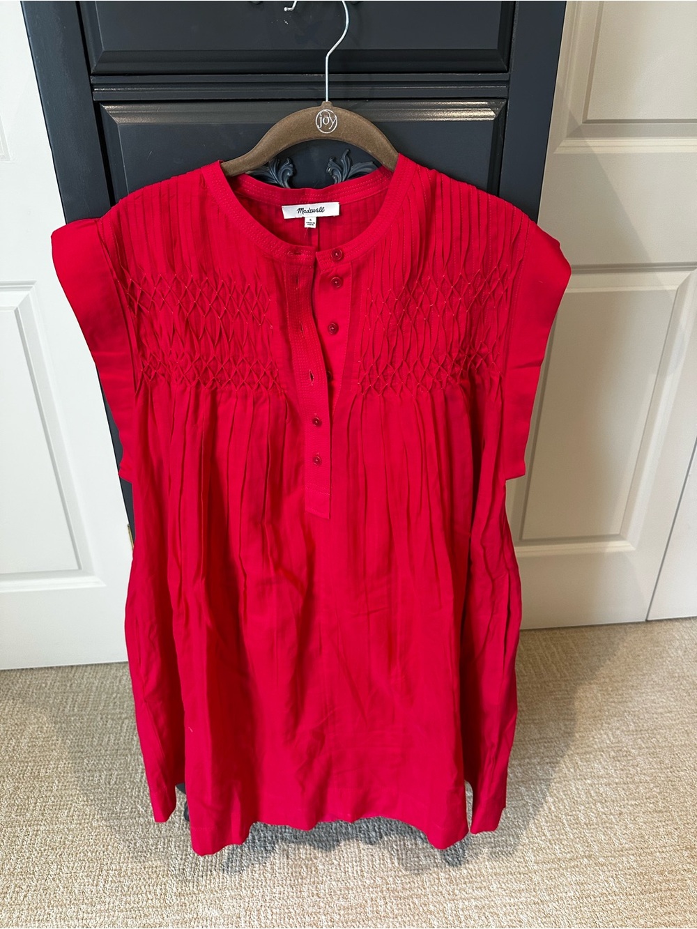 Madewell Vibrant Red Smocked Cap-Sleeve Tunic